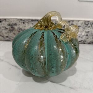 Hand Blown teal Green Glass Pumpkin curly Stem Medium Size Heavy
